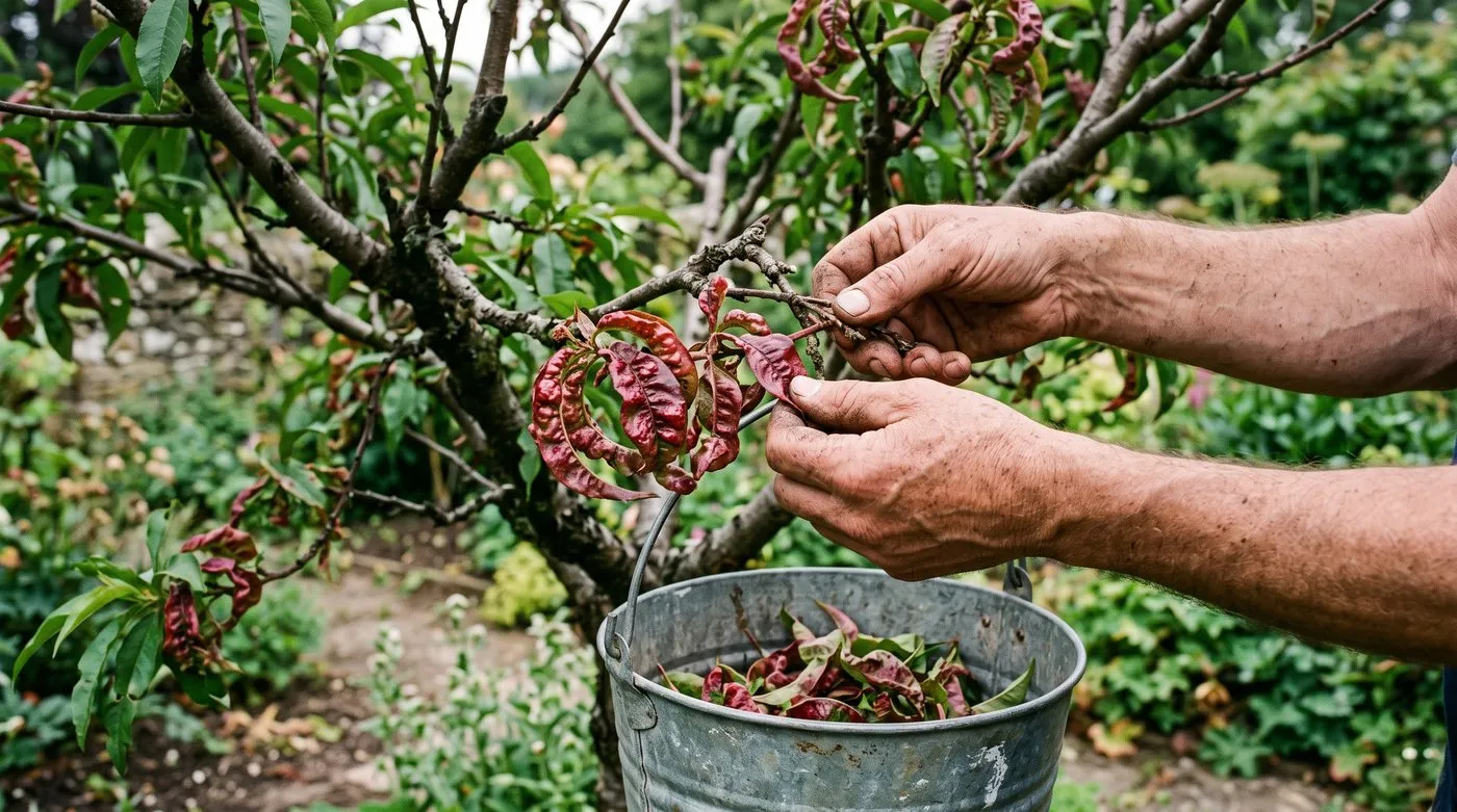 Hands picking blistered red peach leaves off a fan-trained tree and dropping them into a garden bucket