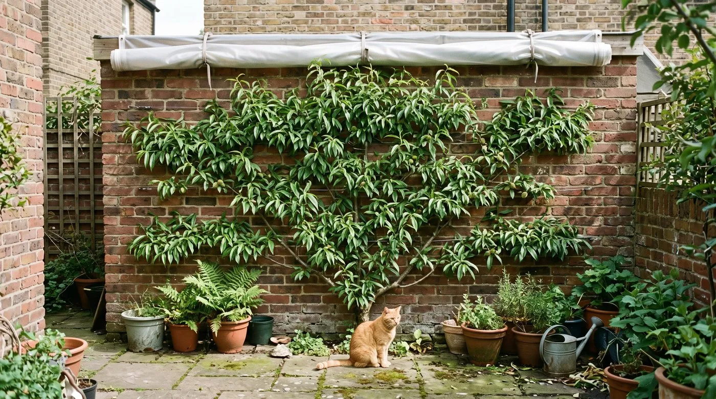 Fan-trained peach on a courtyard wall with healthy green leaves after its rain shelter has been rolled up