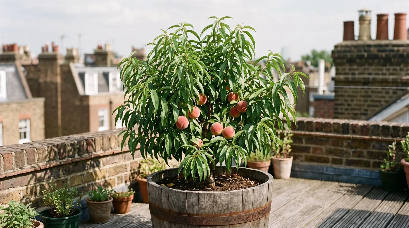 Compact peach tree with ripening fruit in a half-barrel on a sunny city roof terrace
