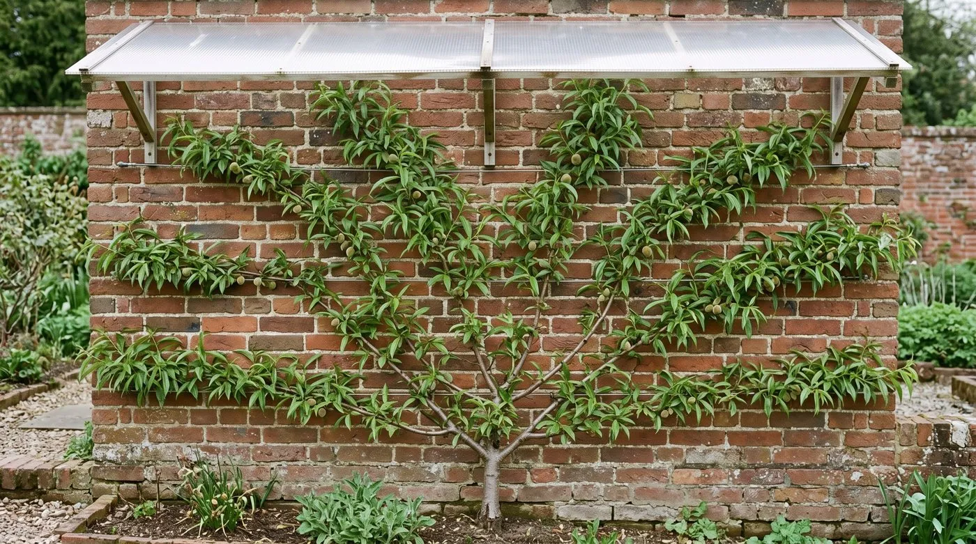 Fan-trained peach tree on a sunny brick wall with a clear rain shelter fixed above