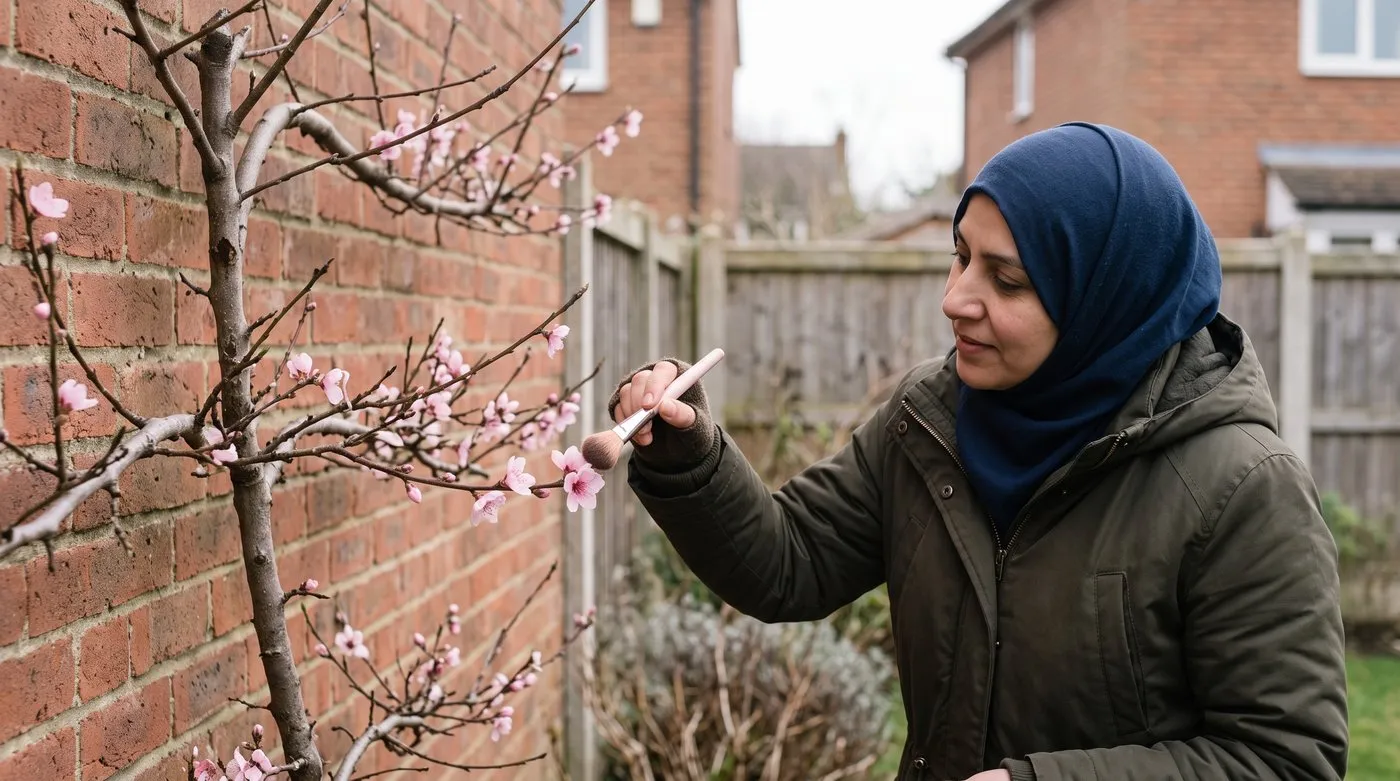 Woman hand pollinating pink peach blossom with a soft brush on a wall-trained tree