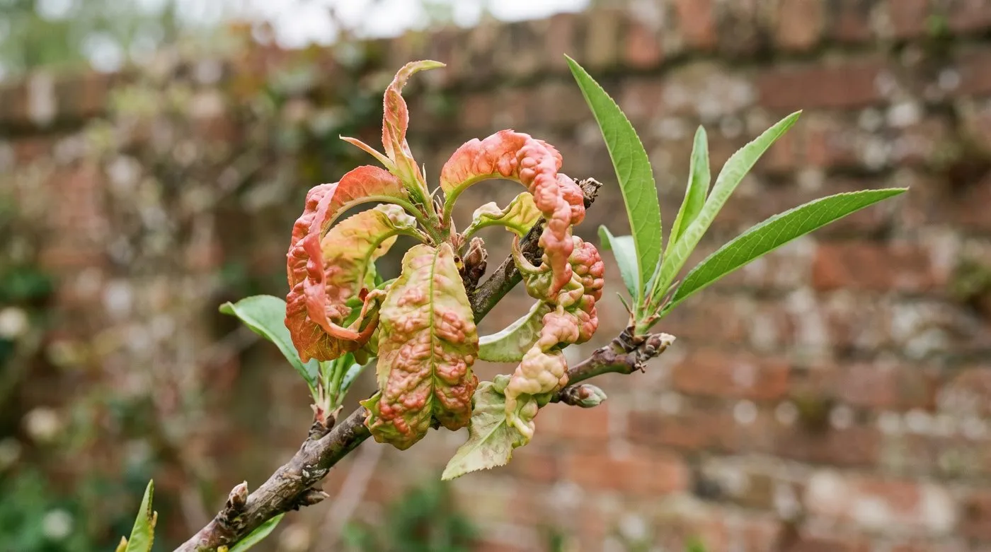 Peach leaves puckered, blistered and turned red by peach leaf curl