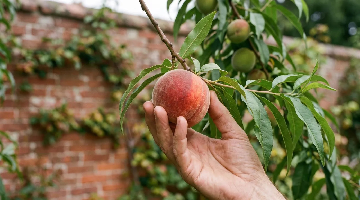 A ripe red-blushed peach coming away from the branch into a cupped hand