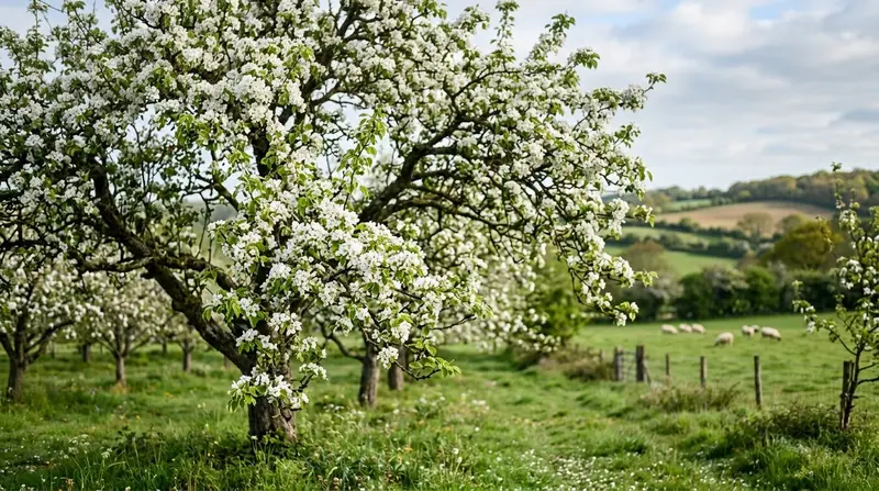 Pear tree in white blossom in a Kent orchard, the stage when pear midge lays eggs
