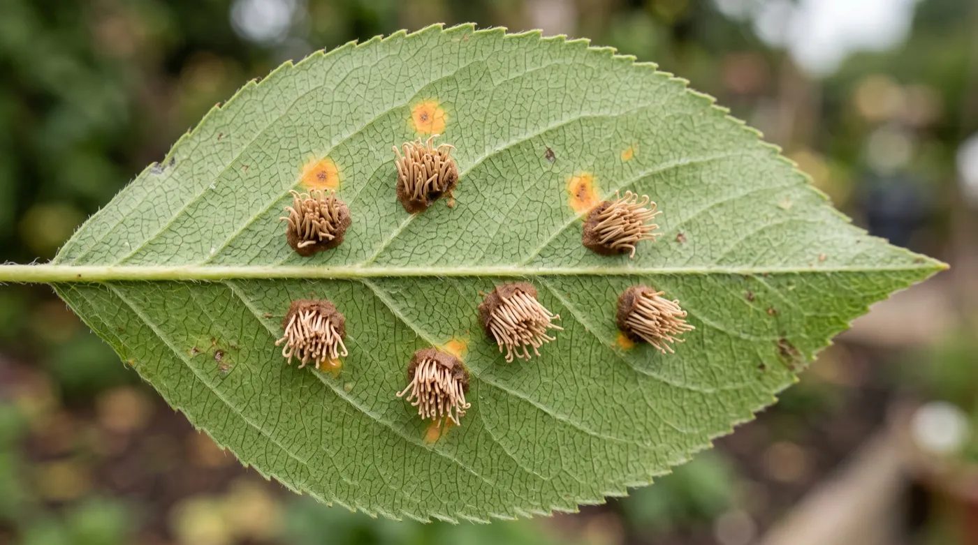 Pear rust aecia on a leaf underside, the brown blister split open into a fringe of curled horn-like projections