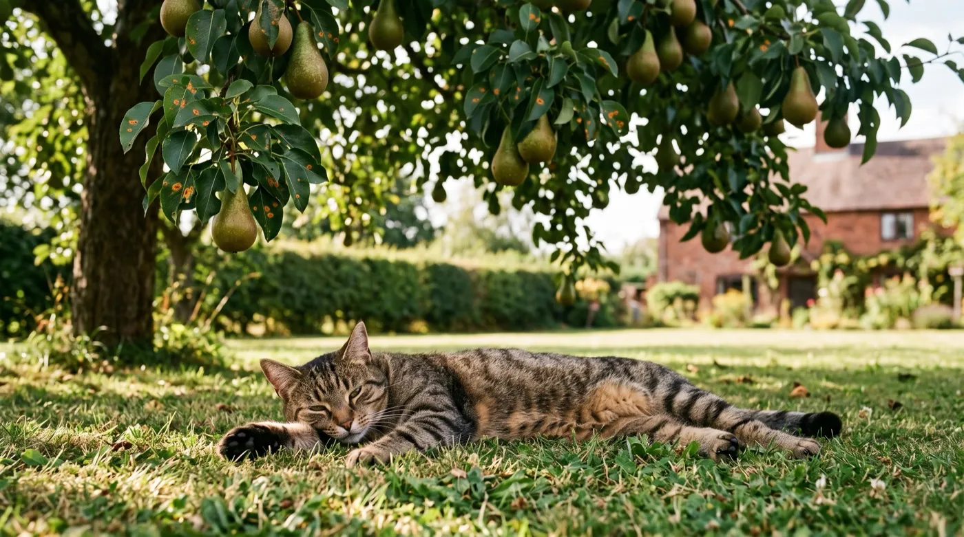 Cat lying in the shade under a mature Conference pear tree that is cropping normally despite heavy pear rust
