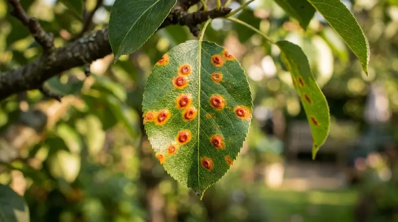 Pear rust on a pear leaf in a UK garden, showing bright orange spots across the upper leaf surface in August