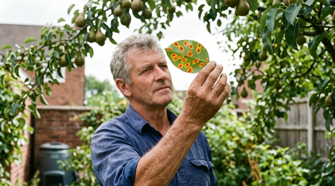 Gardener in his sixties holding a pear leaf up against the light to inspect the bright orange pear rust spots in August