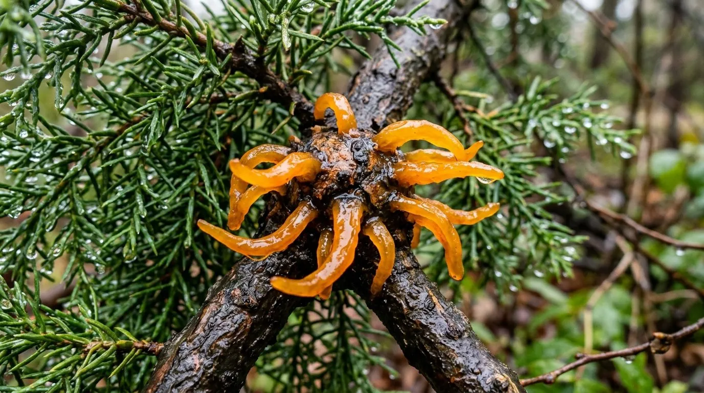 A juniper gall in spring erupting into bright orange gelatinous horns, the pear rust stage that infects pear trees