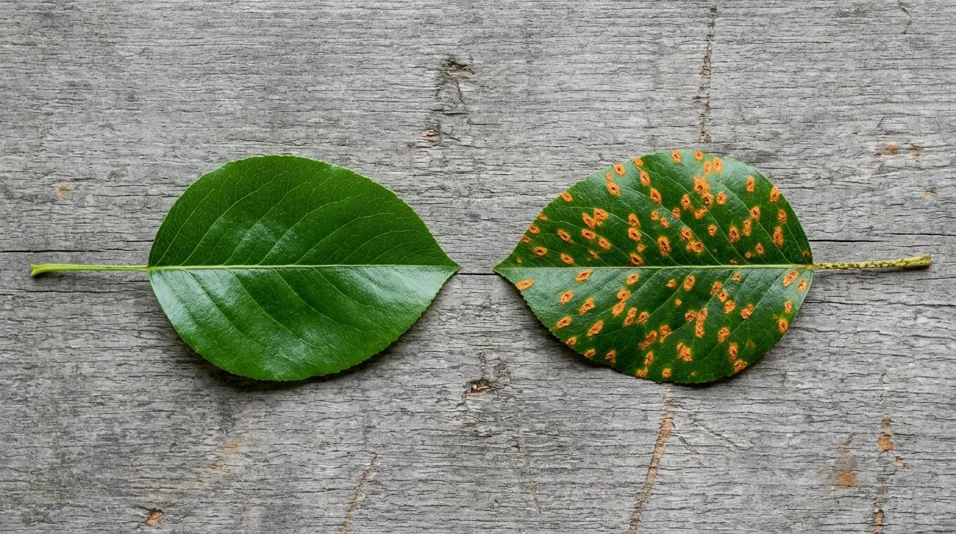 A clean pear leaf beside a heavily rust-infected one, showing how much green tissue survives between the orange spots