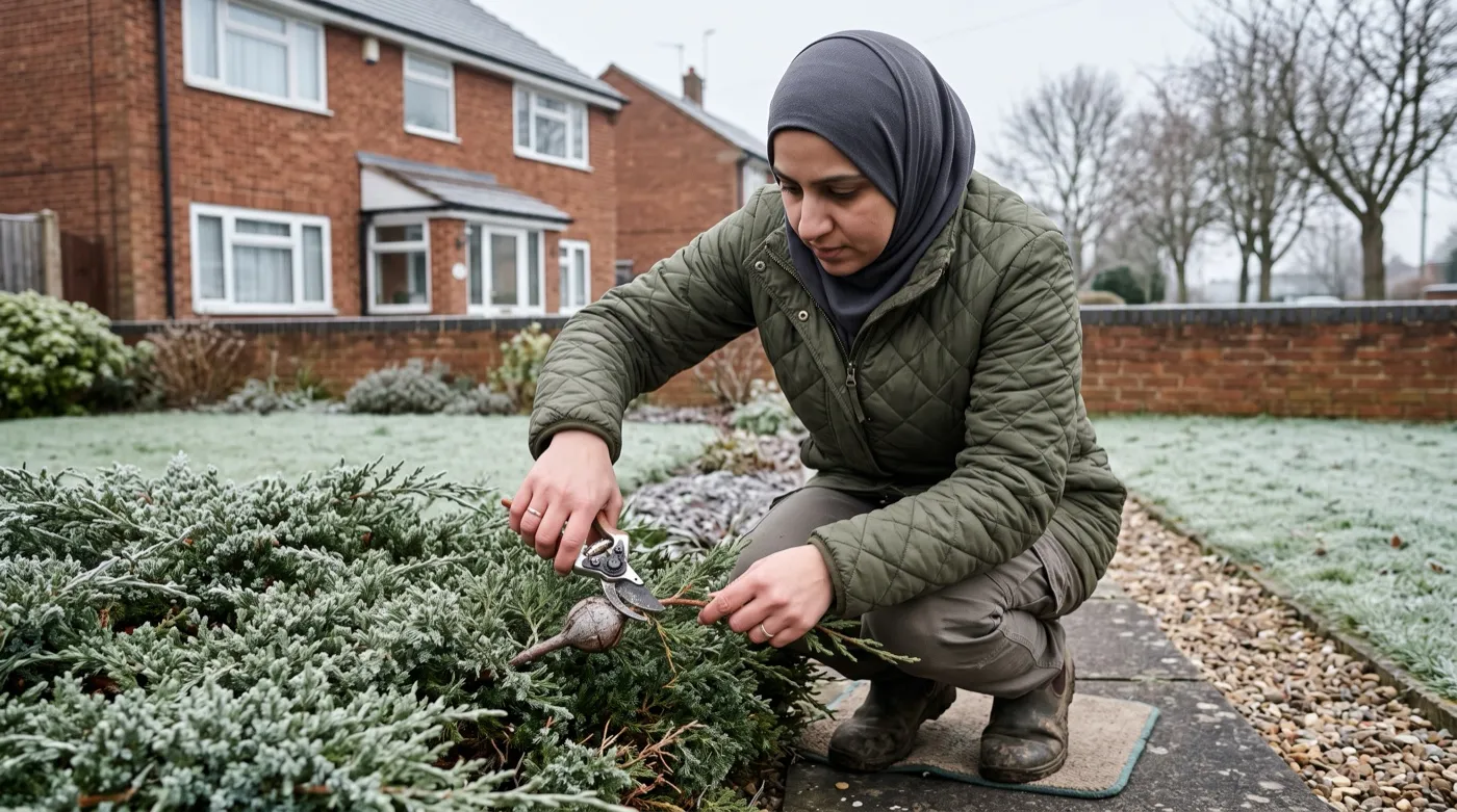 Gardener in a hijab pruning galled stems out of a spreading ornamental juniper in a UK front garden in January