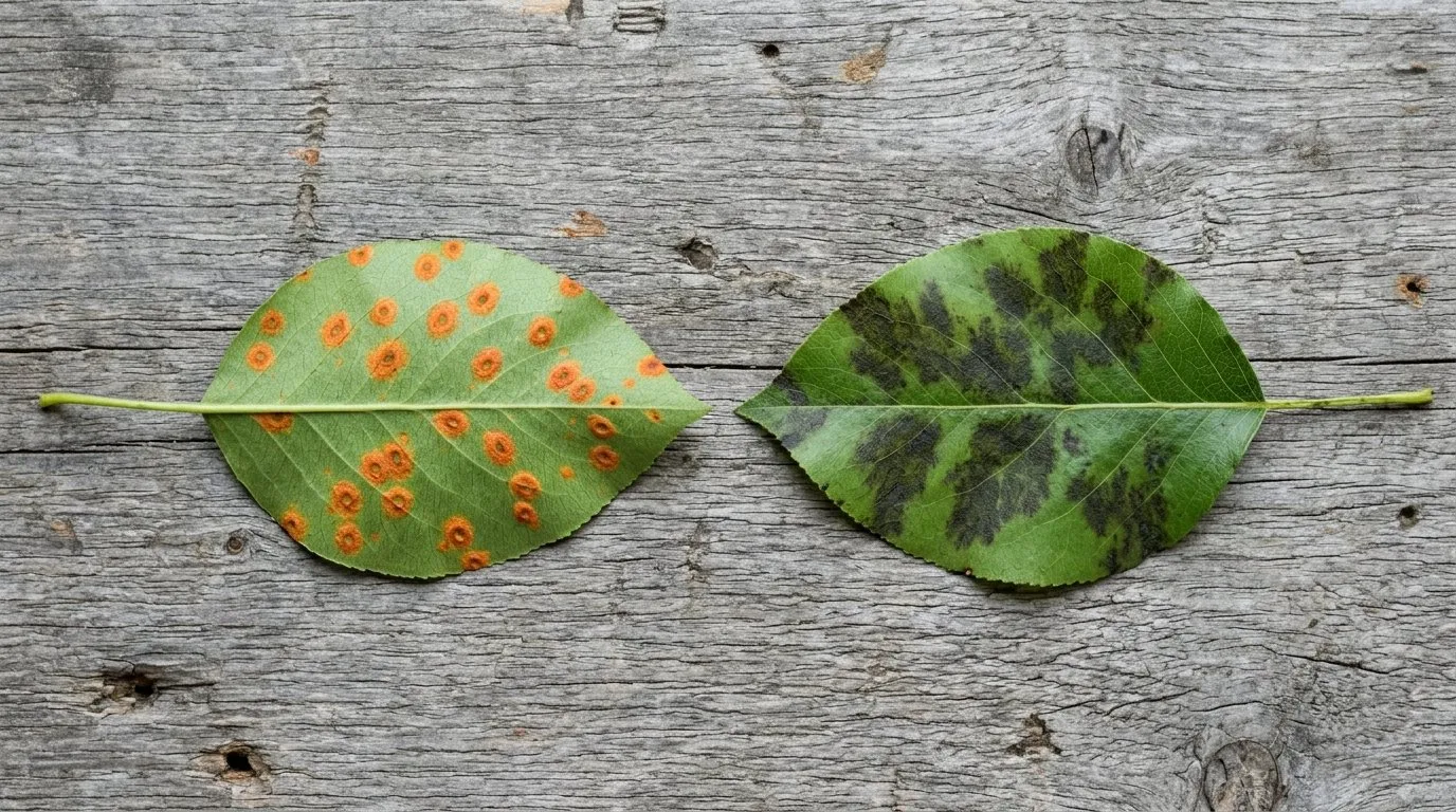 Pear rust and pear scab compared side by side: a bright orange rust-spotted leaf next to an olive-black scabbed leaf