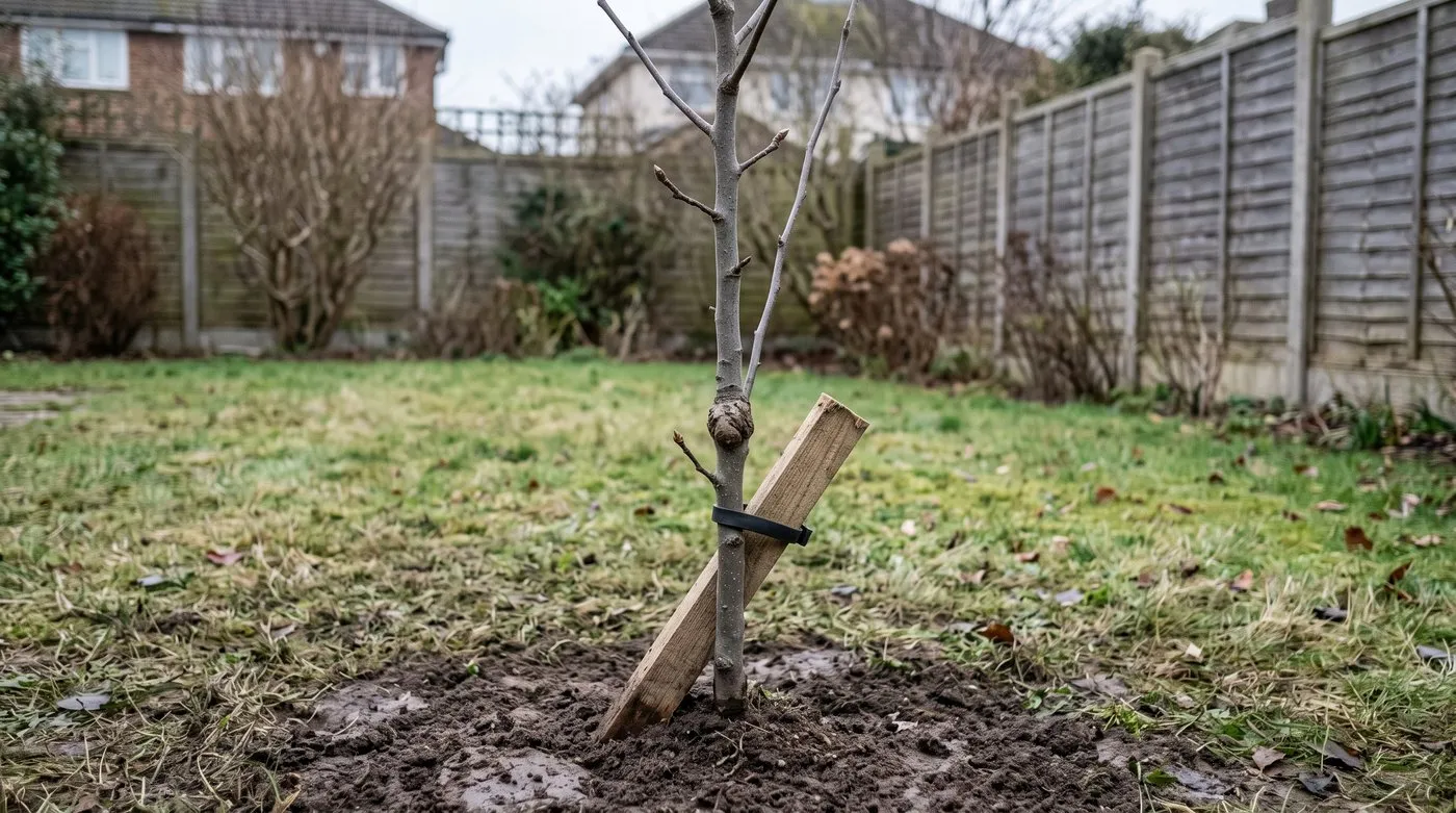 Newly planted bare-root pear tree with the graft union above soil and an angled stake