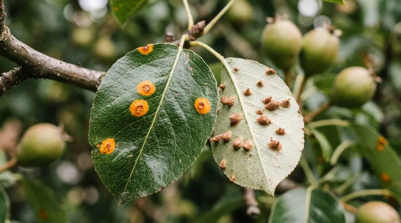 Pear leaf with bright orange spots of pear rust and brown lumps underneath