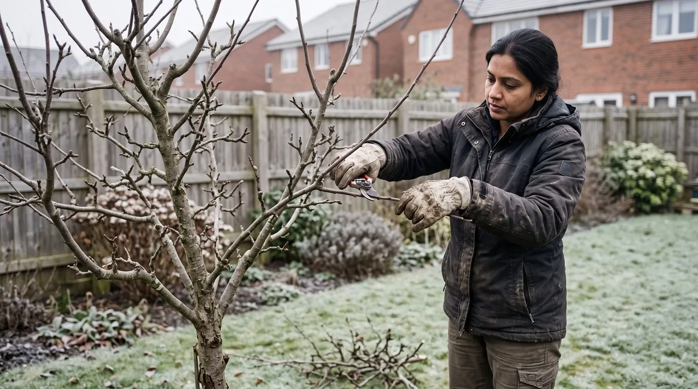 Woman winter pruning a dormant pear tree to keep an open goblet shape