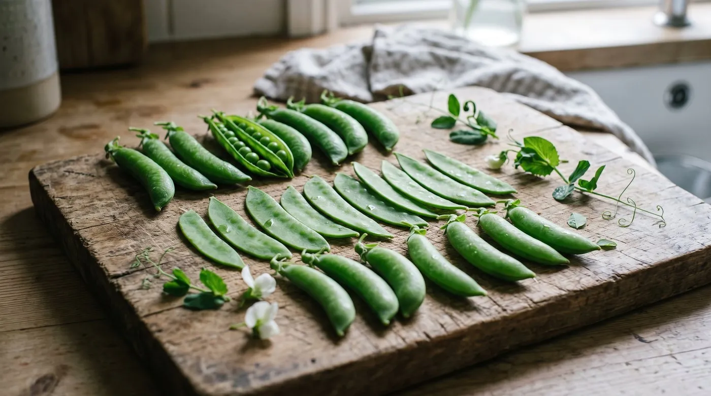 Garden pea pods, flat mangetout and round sugar snap peas laid out on a board