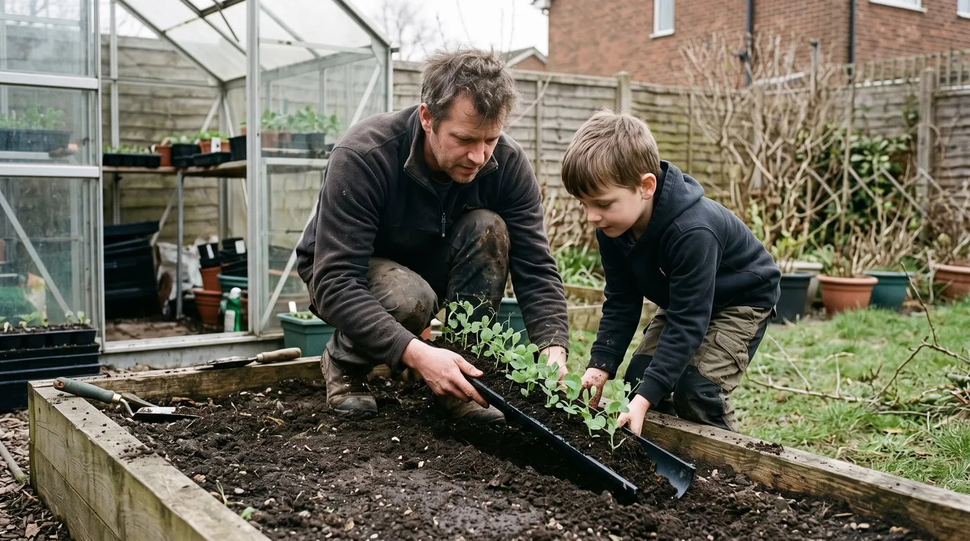 Father and son sliding gutter-sown pea seedlings into a trench in a raised bed