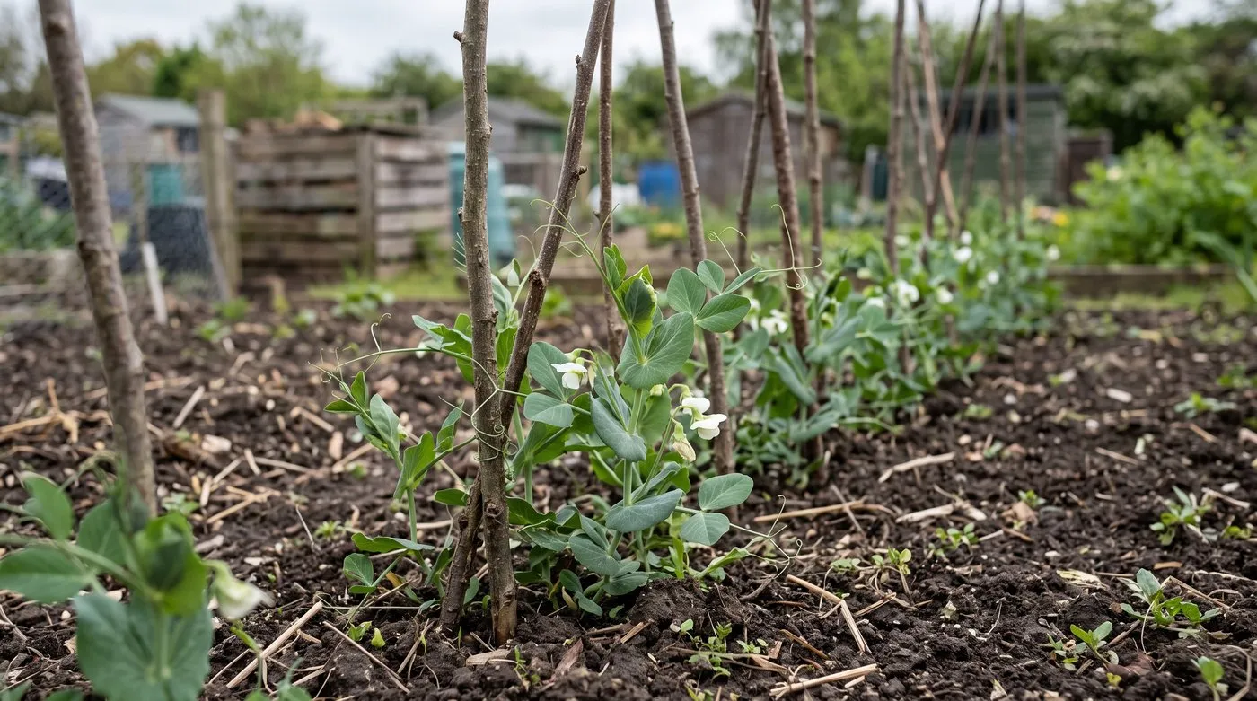 Young pea plants climbing twiggy hazel pea sticks with tendrils gripping the twigs