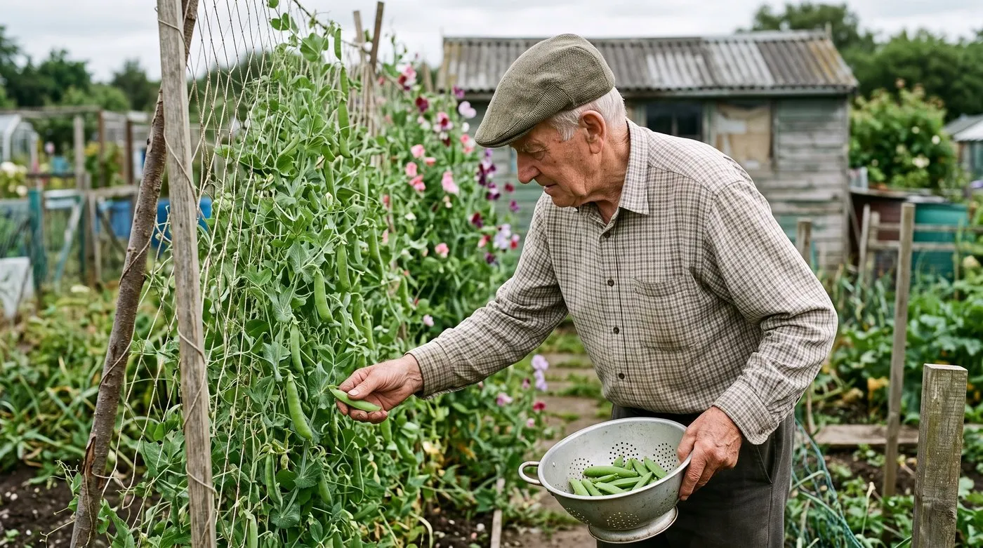 Older man picking plump green pea pods into a colander on an allotment