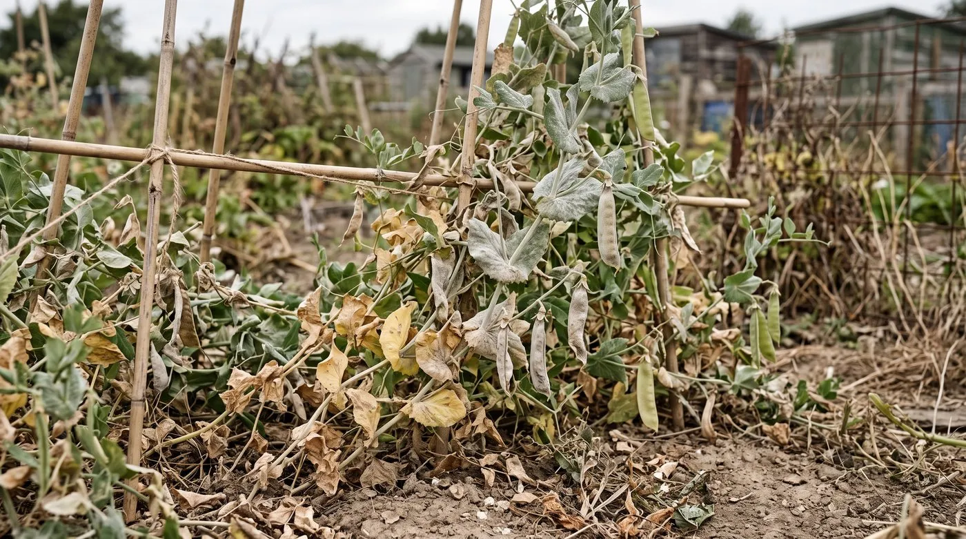 Pea leaves and pods covered in white powdery mildew in late summer
