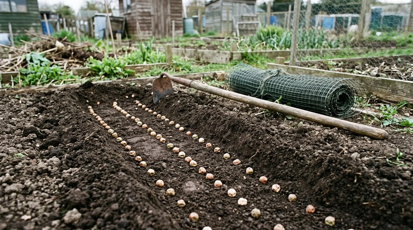 Pea seeds sown in three staggered rows in a wide, shallow trench