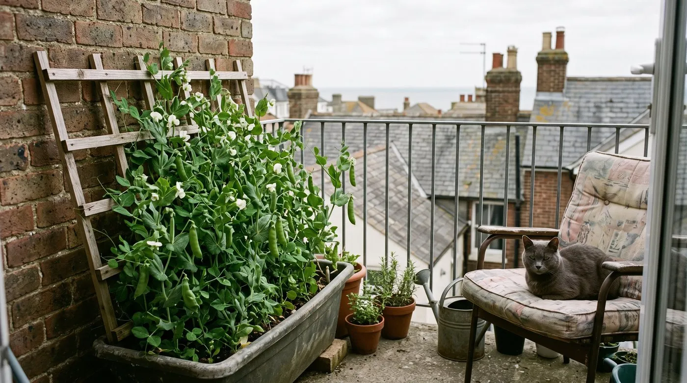 Dwarf sugar snap peas in a trough on a sunny balcony with a grey cat on a chair