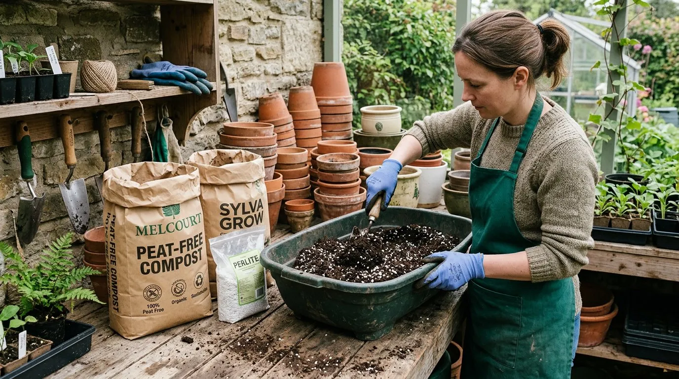 Peat-free compost being mixed with perlite in a trug on a potting bench