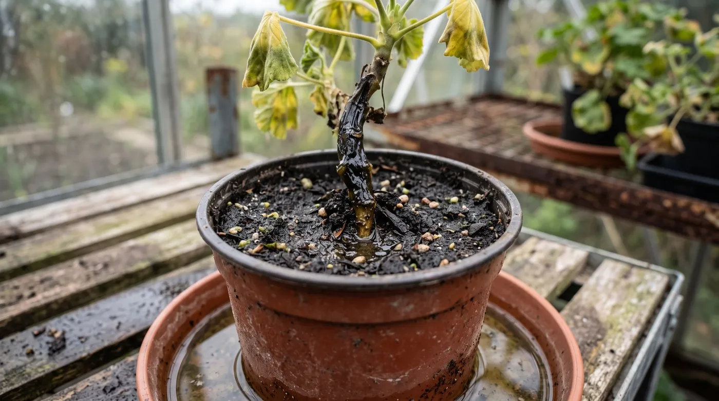 Pelargonium stem turned black and soft at the base from blackleg rot in wet compost