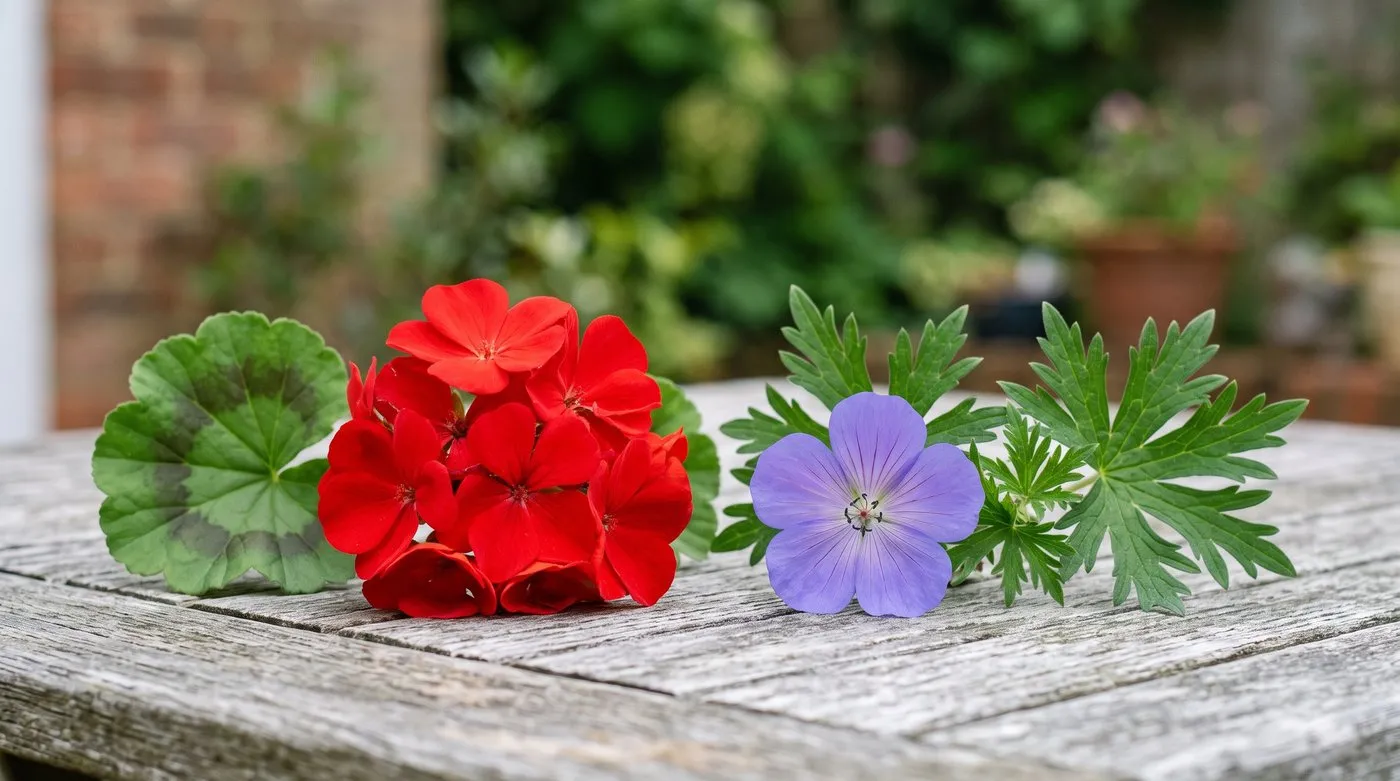 A pelargonium flower with uneven petals beside a hardy geranium with five matching petals