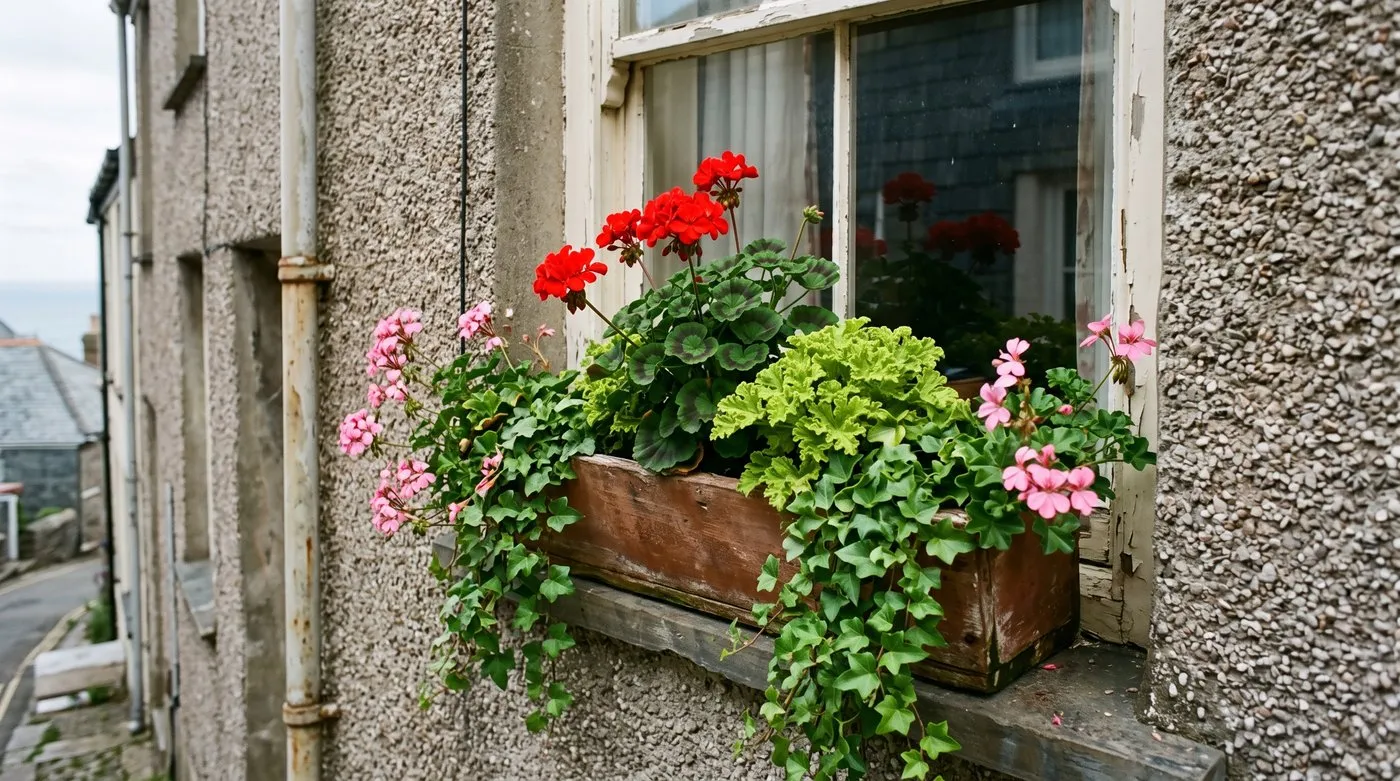 Window box of upright zonal, trailing ivy-leaved and scented-leaf pelargoniums on a seaside house