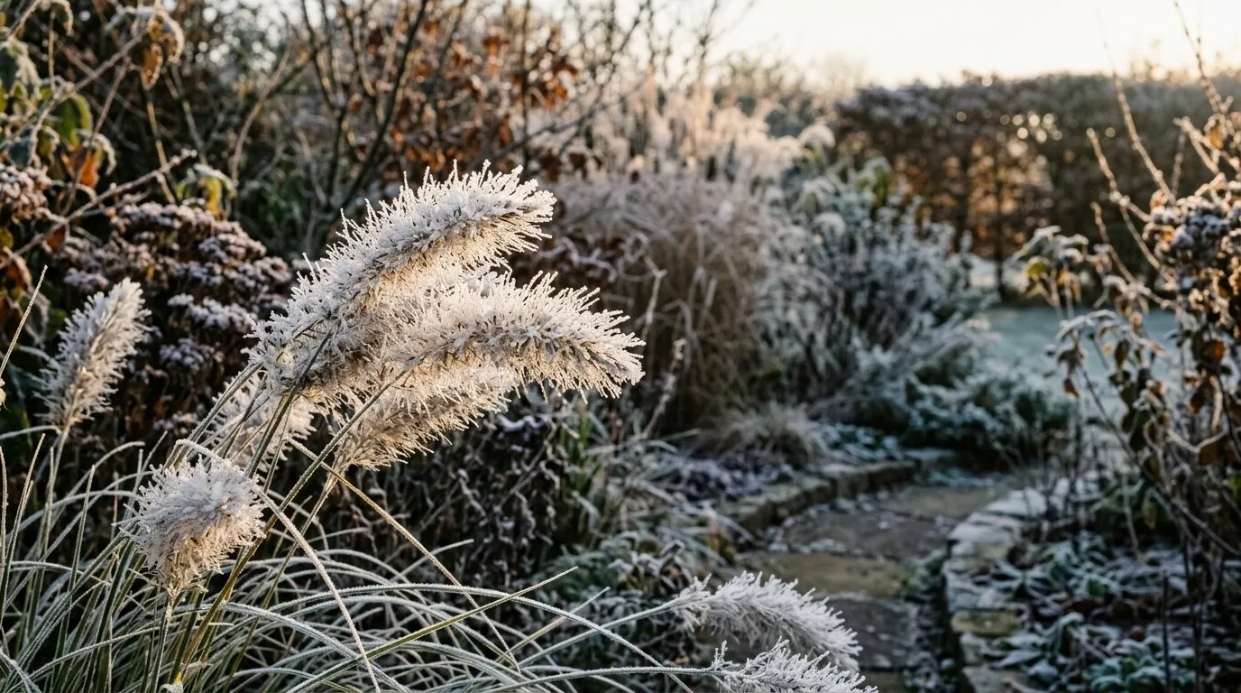 Frost-covered pennisetum fountain grass seedheads catching low winter sunlight in a UK garden border