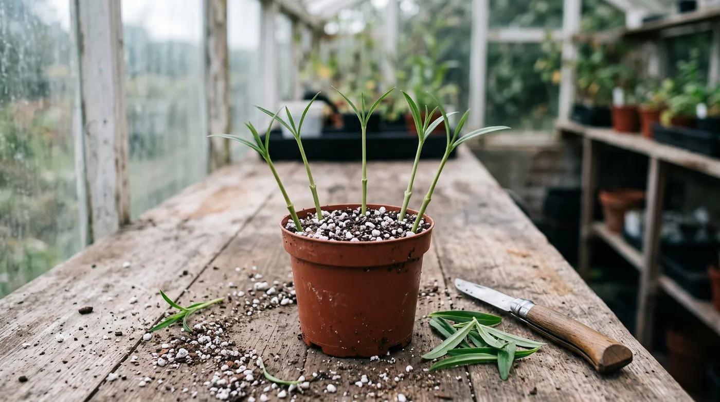 Penstemon cuttings pushed in around the edge of a small pot of gritty compost