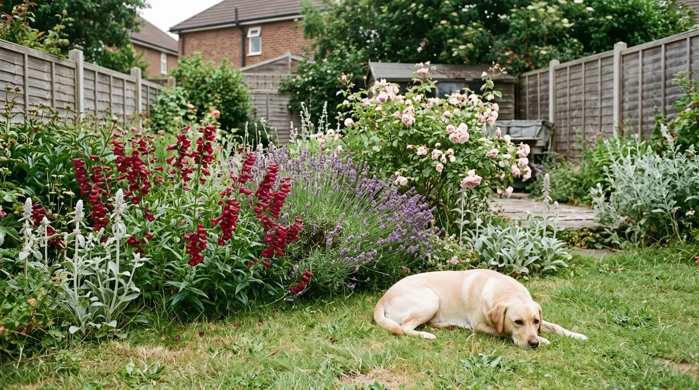Wine-red penstemon Garnet in a cottage border with lavender and roses, a Labrador on the lawn