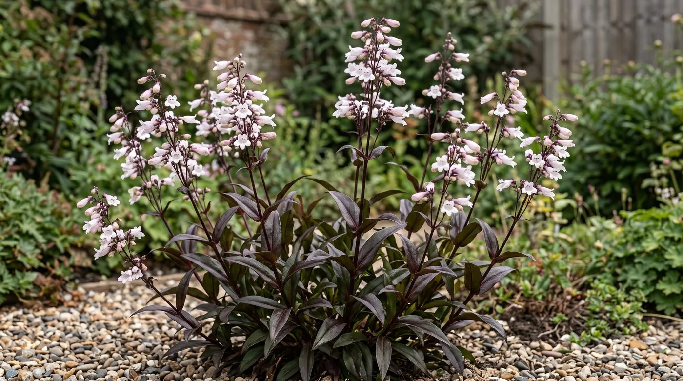 Penstemon Husker Red with dark bronze-purple leaves and white tubular flowers