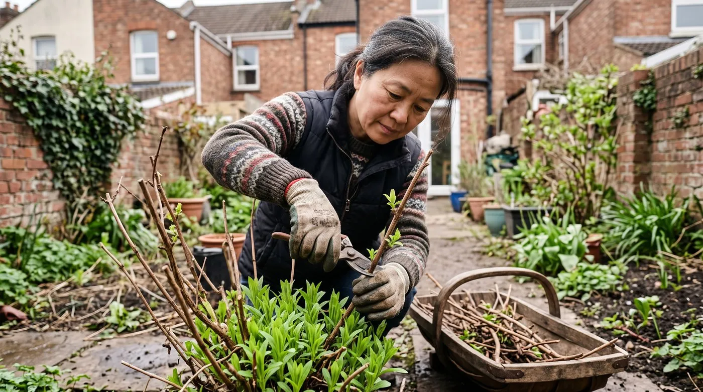 Gardener cutting old penstemon stems back to fresh shoots at the base in April