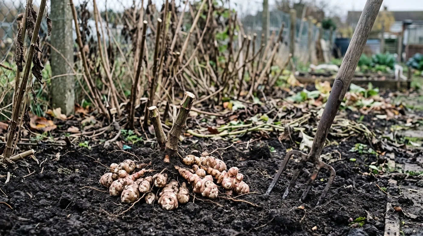 Knobbly Jerusalem artichoke tubers freshly dug with a fork on an allotment in November
