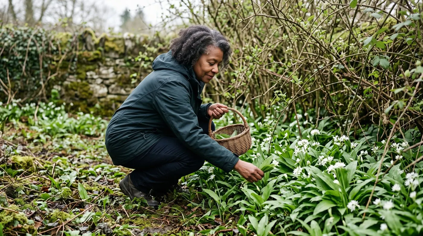 Woman picking wild garlic leaves from a carpet under a hedge in spring