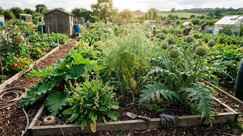 Perennial vegetable bed in a UK allotment with asparagus ferns, globe artichokes, rhubarb and sorrel growing together
