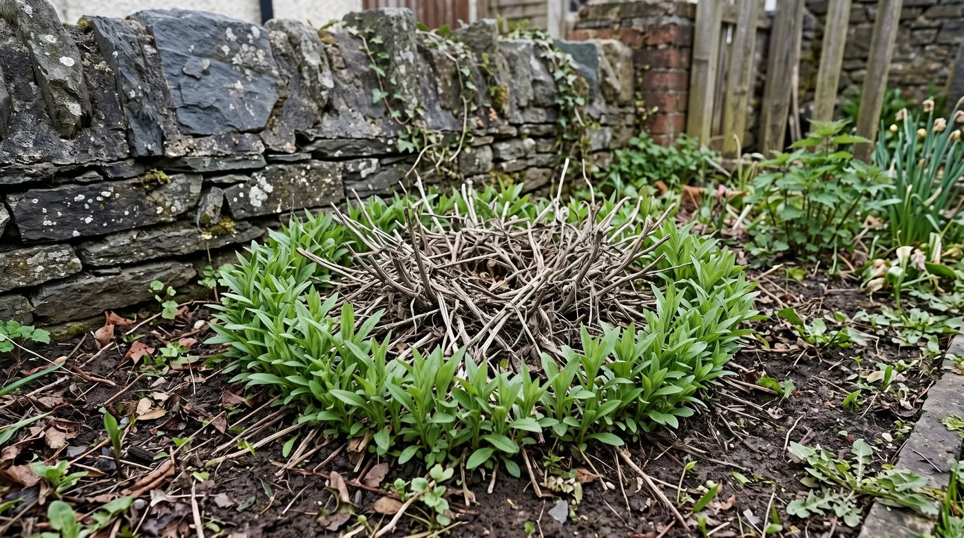 Aster clump in May with young shoots round the edge and a bare, woody centre that needs dividing