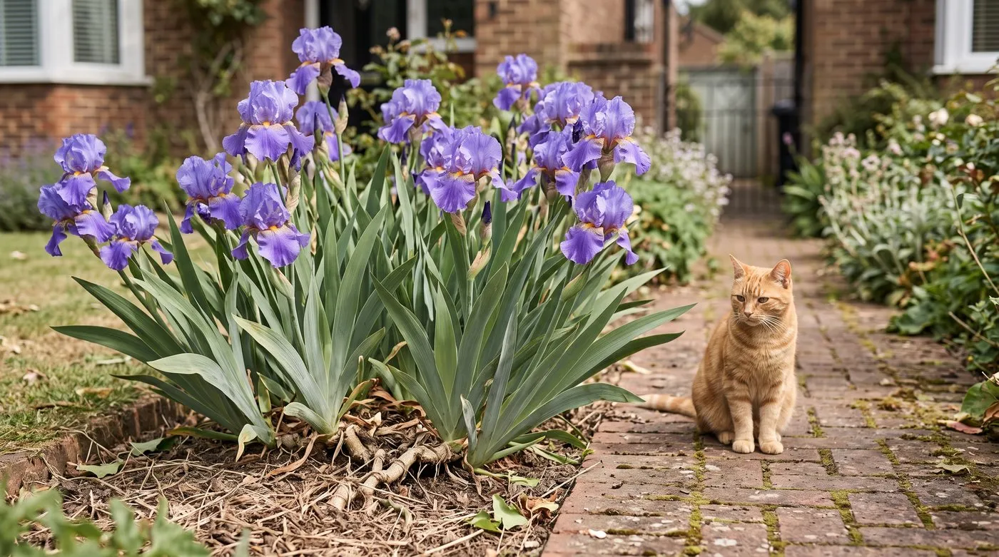 Bearded irises flowering in a sunny border in May with a ginger cat sitting on the path