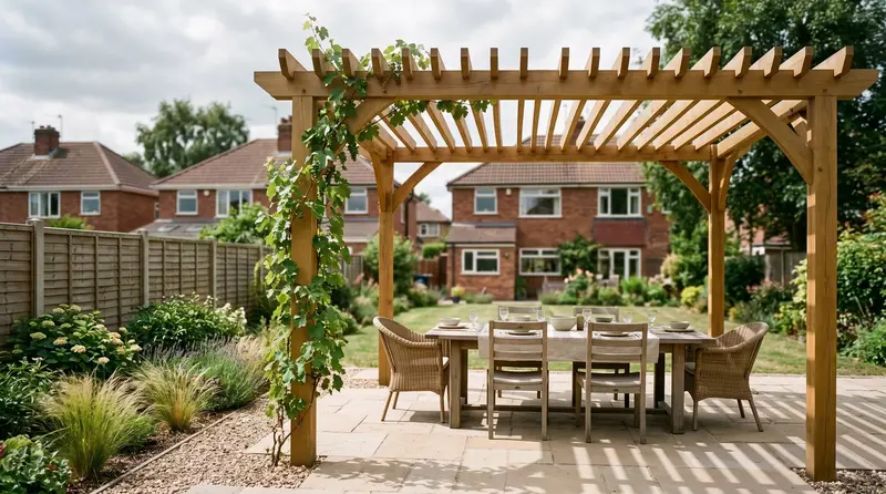 Pergola vs gazebo vs canopy comparison, a slatted timber pergola over a dining table in a Nottingham suburban garden