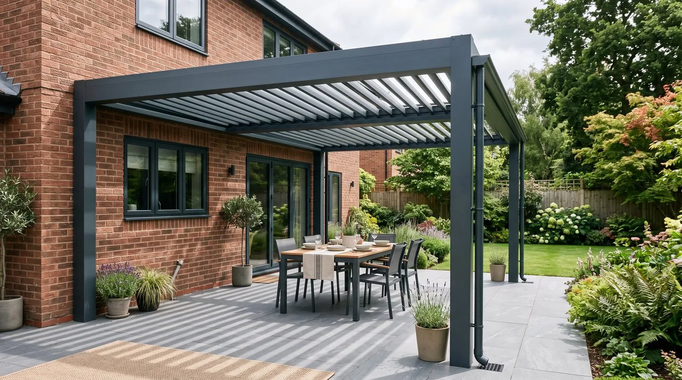 Louvred aluminium pergola with adjustable blades half open over a patio dining area in a suburban garden