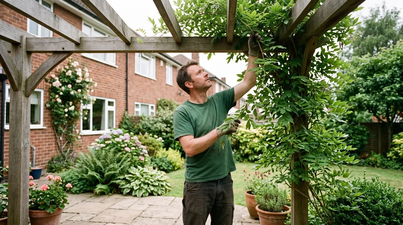 A white British man in his forties standing under a slatted timber pergola with climbing plants in a Nottingham suburban garden