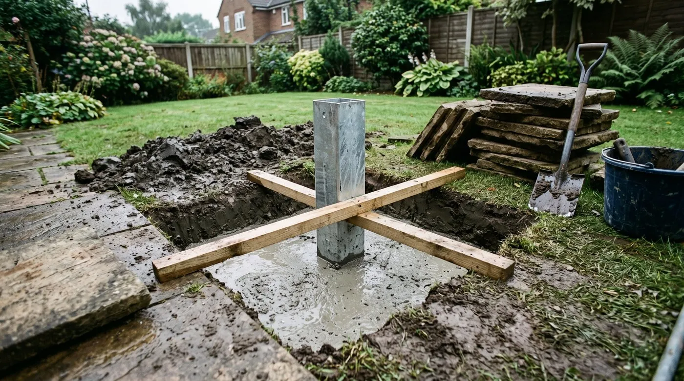 Concrete pad foundation being formed for a pergola post in a garden showing depth and post anchor