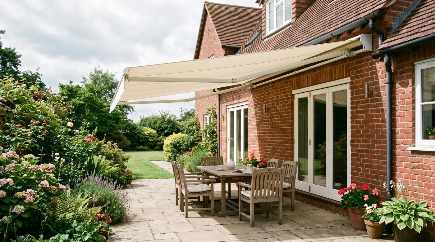 Retractable fabric awning extended from a house wall over a patio table in a suburban garden