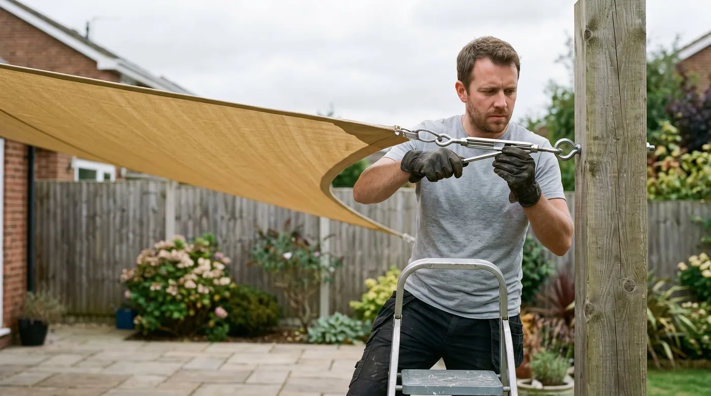 A white British man in his thirties tensioning a corner turnbuckle on a triangular shade sail over a patio