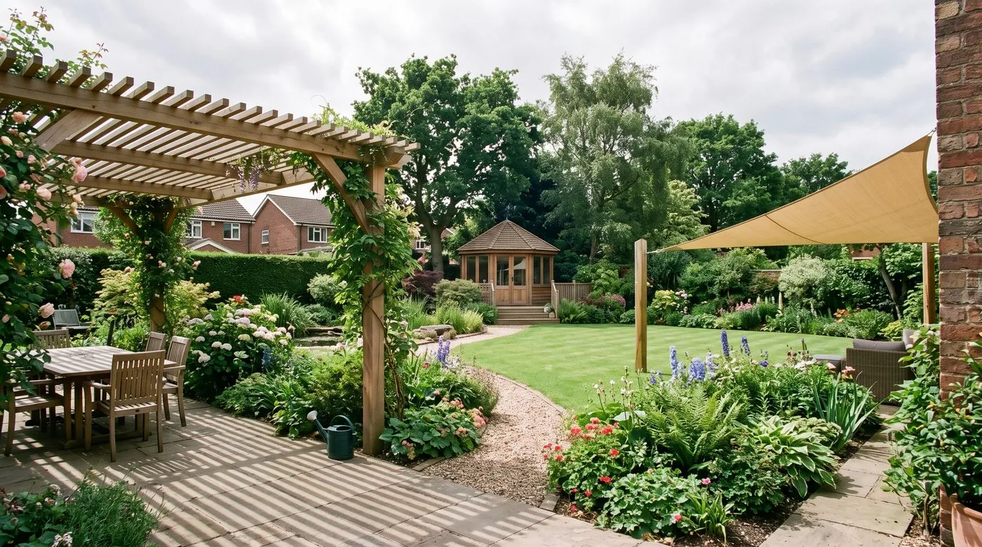 Three garden shade structures compared in one Nottingham garden, a slatted timber pergola, a solid-roofed gazebo and a tensioned shade sail