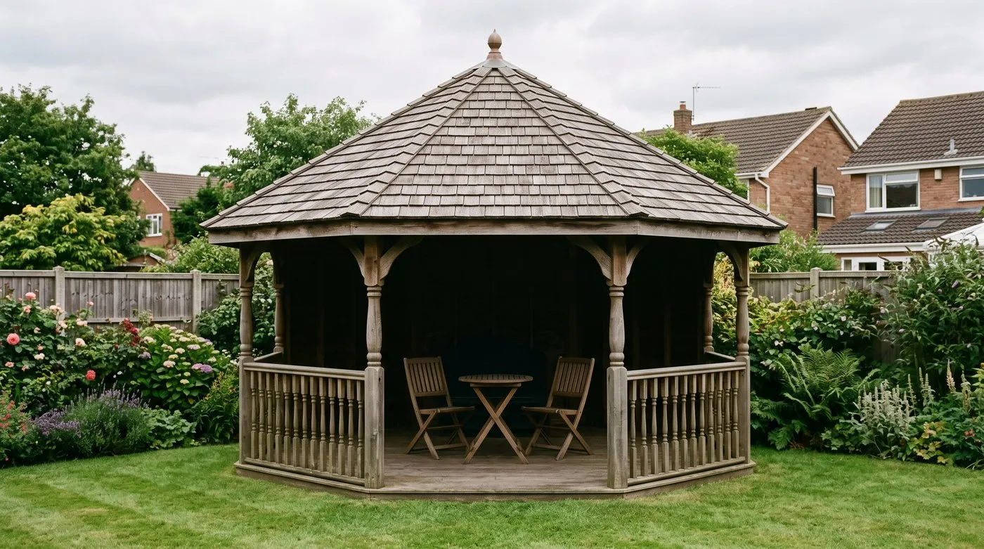 Solid-roofed timber gazebo with open sides on a lawn in a suburban garden showing the closed roof structure
