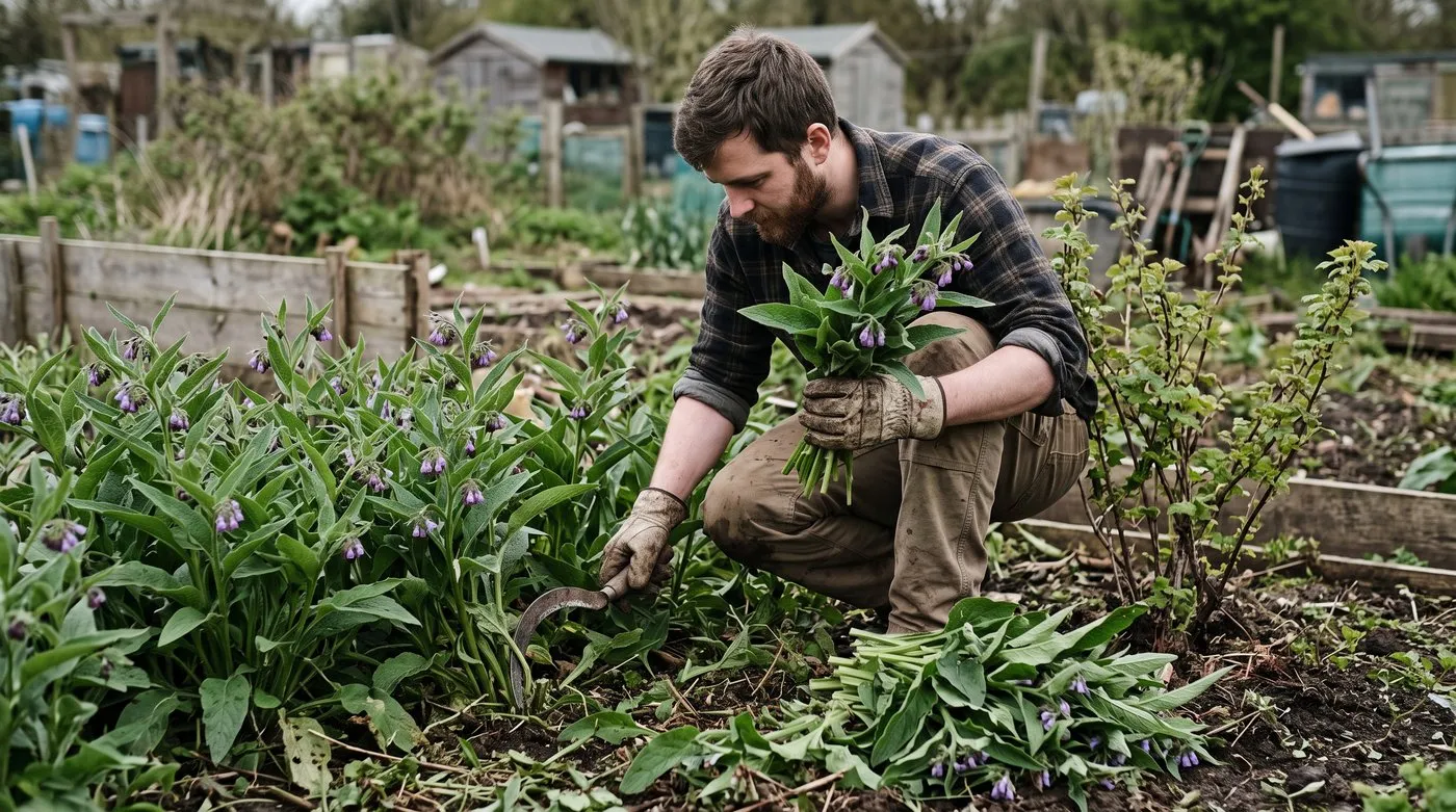 Man cutting comfrey leaves on an allotment to use as mulch around a fruit bush