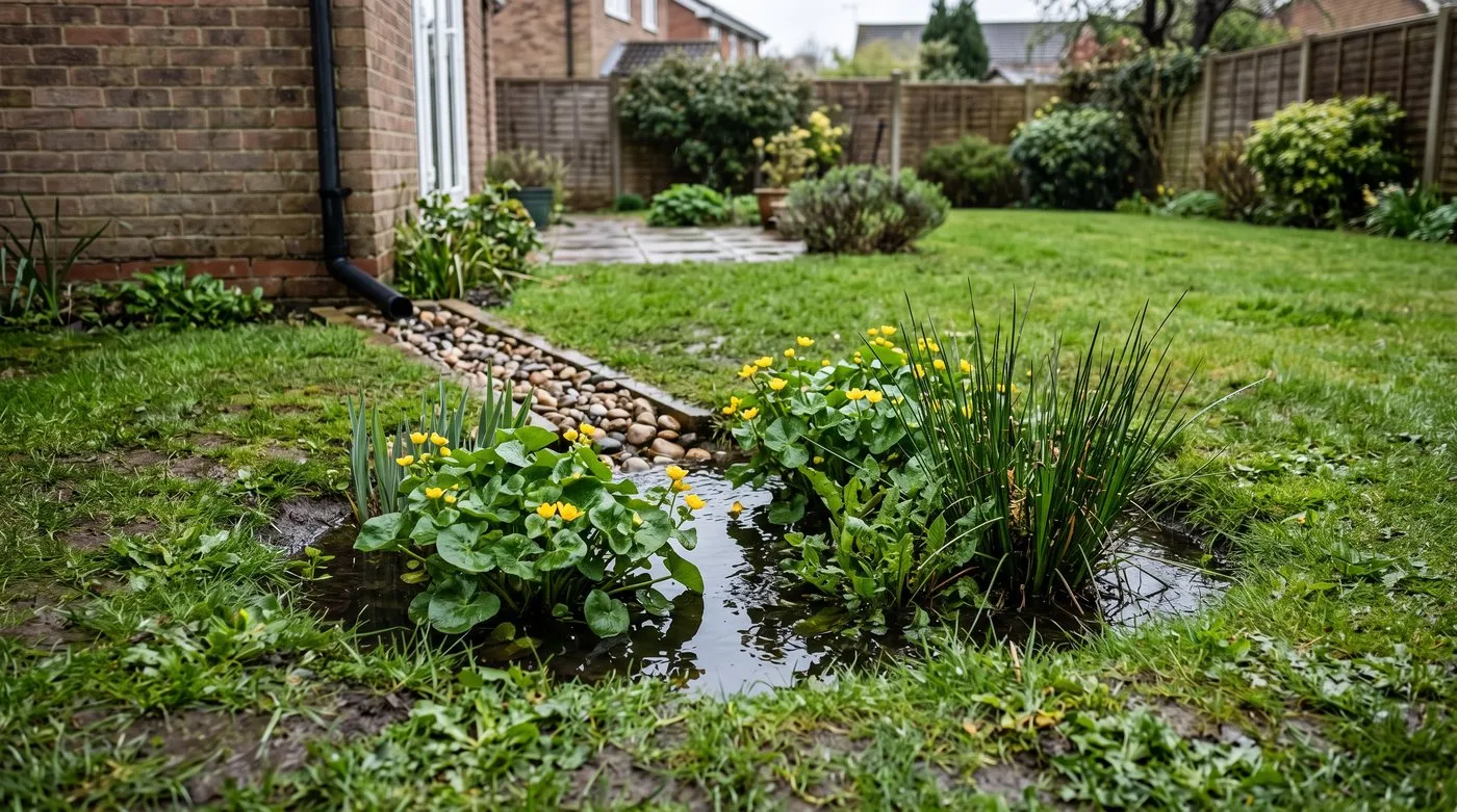 Rain garden dip with marsh marigolds collecting roof water from a downpipe after rain